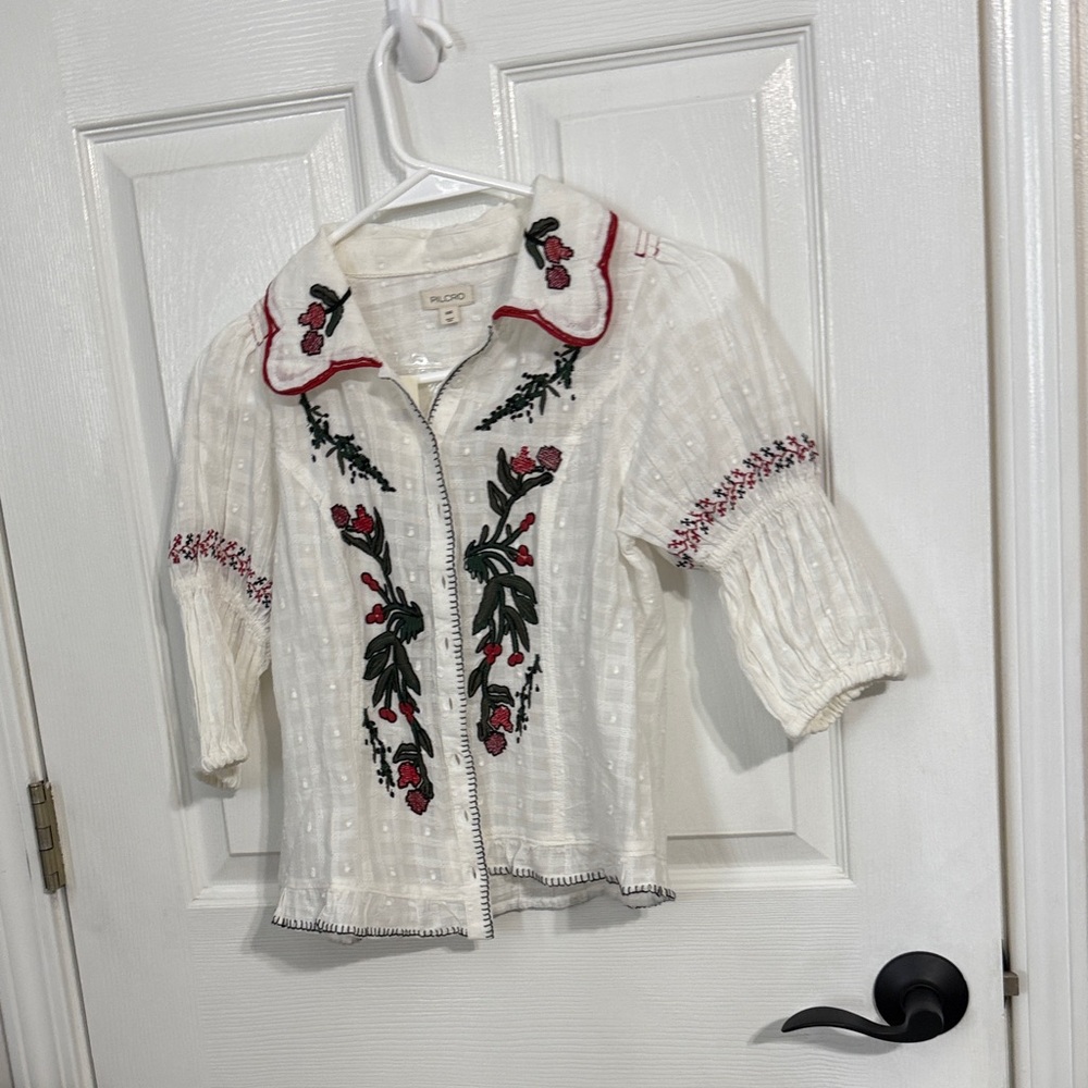 Pilcro Cream Blouse with Red and Green Embroidery - Picture 3 of 5